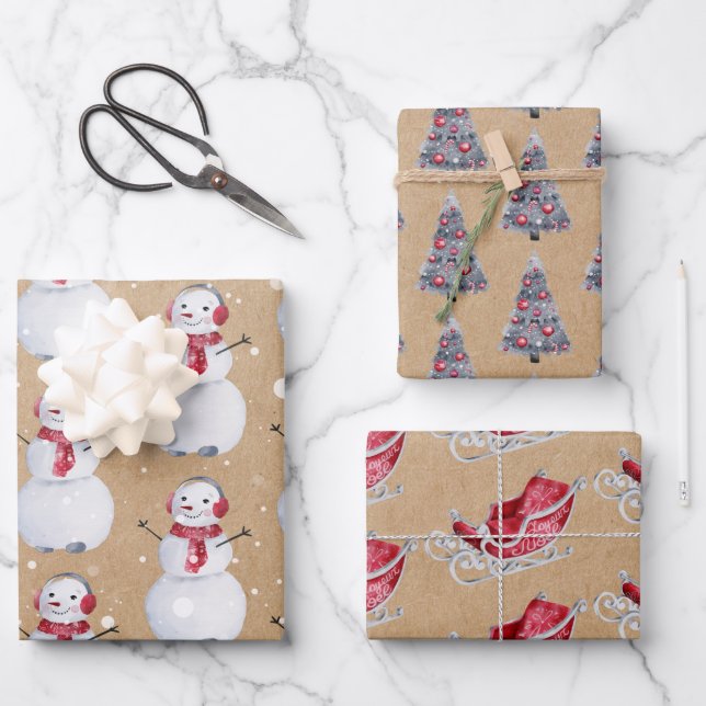 Feuille De Papier Cadeau Arbre de Noël Snowman Sleigh Kraft (Recto)