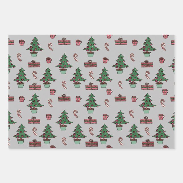 Feuille De Papier Cadeau Arbre de Noël traditionnel, Sucre de canne Design  (Devant)