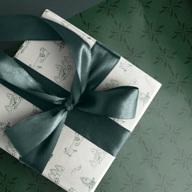 Feuille De Papier Cadeau Arbre de Noël vert Ornements et cadeaux Vacances (Wrapping paper in green tones. Modern Toile de Jouy Christmas Illustrations)
