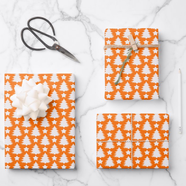 Feuille De Papier Cadeau Arbre de Noël Whimsical Star Orange Blanc (Recto)