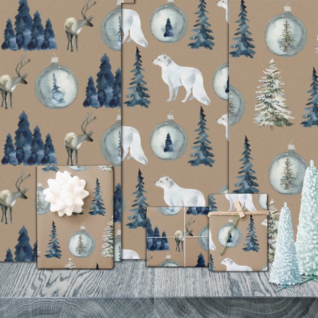 Feuille De Papier Cadeau Arbre d'épinette bleu rustique Kraft Renard arctiq (Rustic Kraft Blue Spruce Tree Arctic Fox Reindeer Christmas Holiday Wrapping Paper Sheets Trio)
