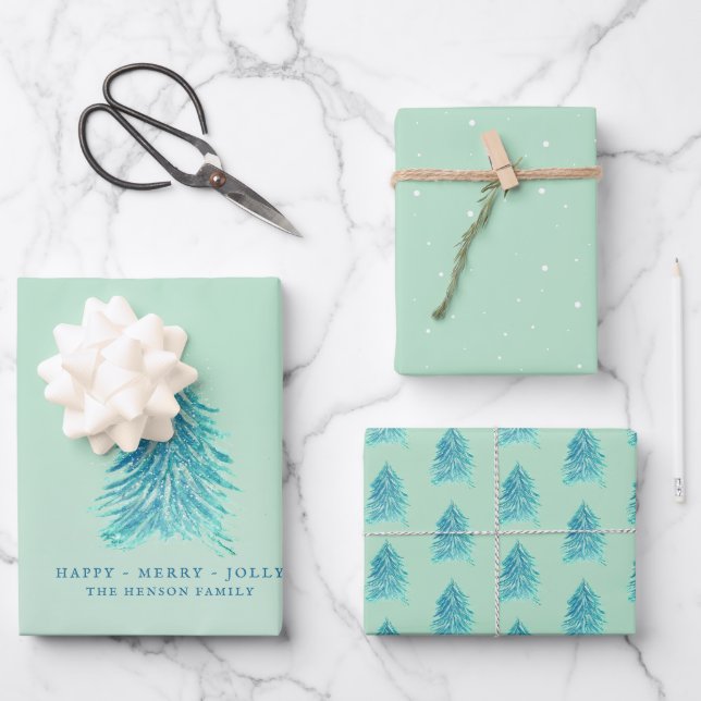 Feuille De Papier Cadeau Arbres Aquarelle Dessin Joyeux Noël (Recto)
