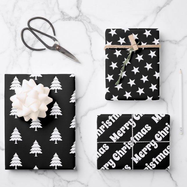 Feuille De Papier Cadeau Arbres blancs noirs, étoiles Joyeux Noël (Recto)