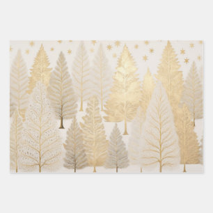 Feuille De Papier Cadeau Arbres d'argent blanc or Noël