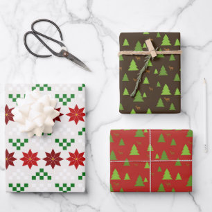 Feuille De Papier Cadeau Arbres de cerfs de Noël et Poinsettias
