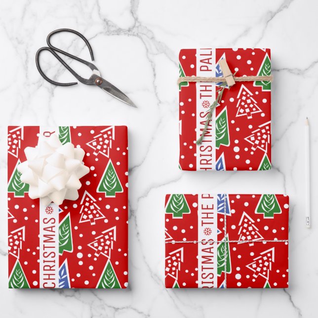 Feuille De Papier Cadeau Arbres de Noël Abstraits et fête rouge ruban (Recto)