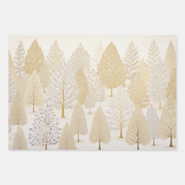 Feuille De Papier Cadeau Arbres de Noël blancs en argent d'or (Devant)