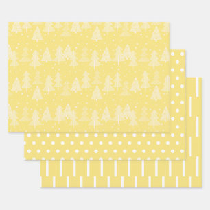 Feuille De Papier Cadeau Arbres de Noël Blancs Jaunes pois rayures