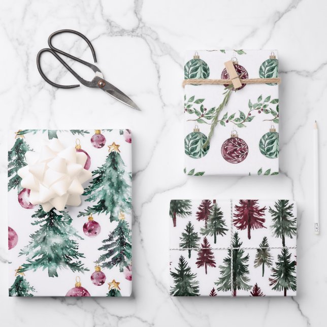 Feuille De Papier Cadeau Arbres de Noël Bourgogne verte (Recto)