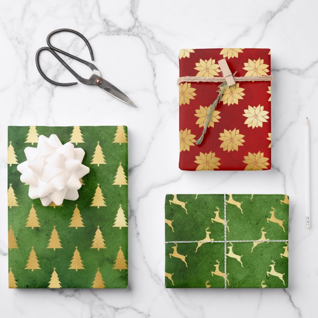 Feuille De Papier Cadeau Arbres de Noël d'or, Poinsettias et Reindeers (Recto)