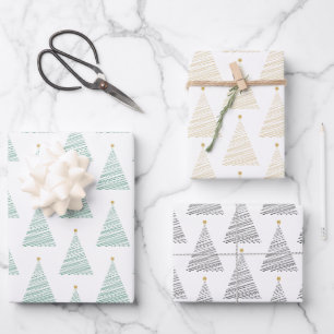 Feuille De Papier Cadeau Arbres de Noël en ligne verte, or et noire