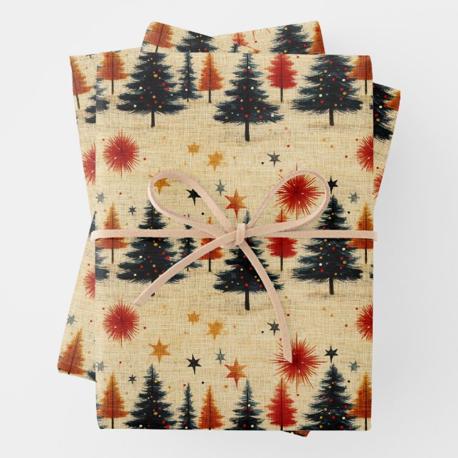 Feuille De Papier Cadeau Arbres de Noël et étoiles (En situation)