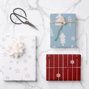 Feuille De Papier Cadeau Arbres de Noël et étoiles en rouge et blanc