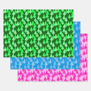 Feuille De Papier Cadeau Arbres de Noël Fleurs Modernes, Vert, Bleu, Rose