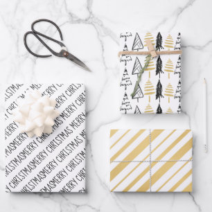 Feuille De Papier Cadeau Arbres de Noël Joyeux Noir & Or
