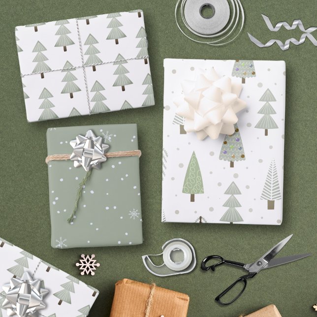 Feuille De Papier Cadeau Arbres de Noël modernes Sage Olive Green Motif (Créateur téléchargé)