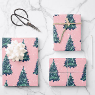 Feuille De Papier Cadeau Arbres de Noël modernes simples et verts neigeux r