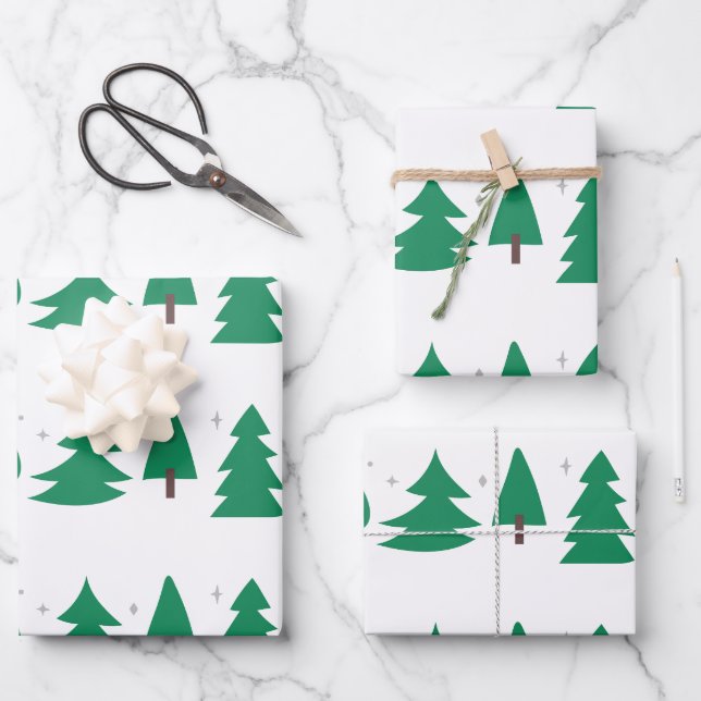 Feuille De Papier Cadeau Arbres de Noël modernes vert/argent/blanc (Recto)