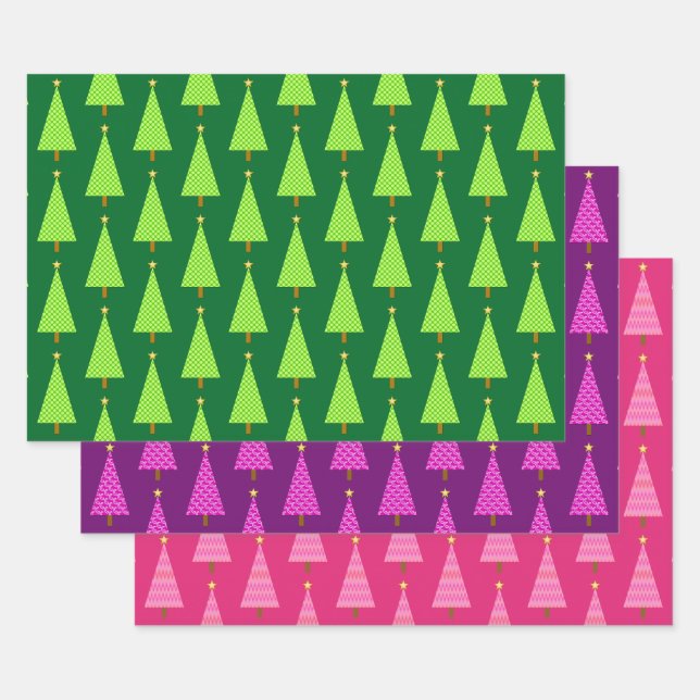 Feuille De Papier Cadeau Arbres de Noël modernes, vert, pourpre, Wrappi ros (Lot)