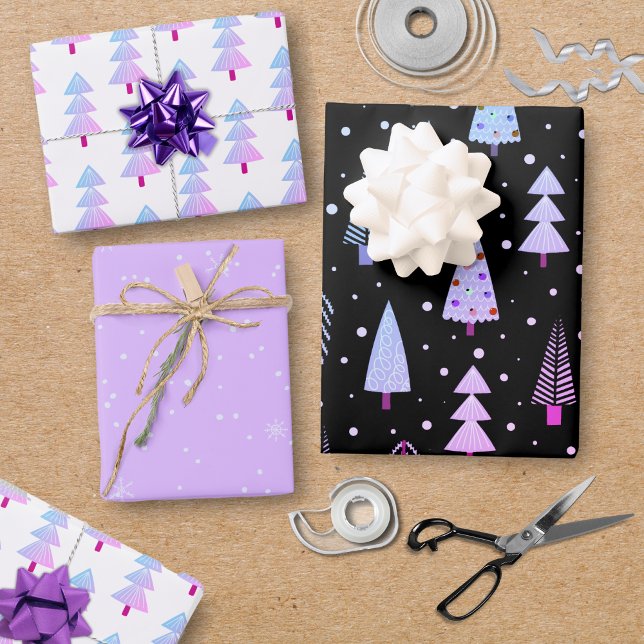 Feuille De Papier Cadeau Arbres de Noël modernes violet rose Motif noir (Créateur téléchargé)