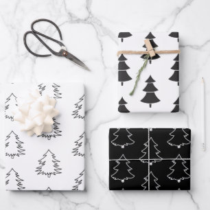 Feuille De Papier Cadeau Arbres de Noël noirs et blancs élégants