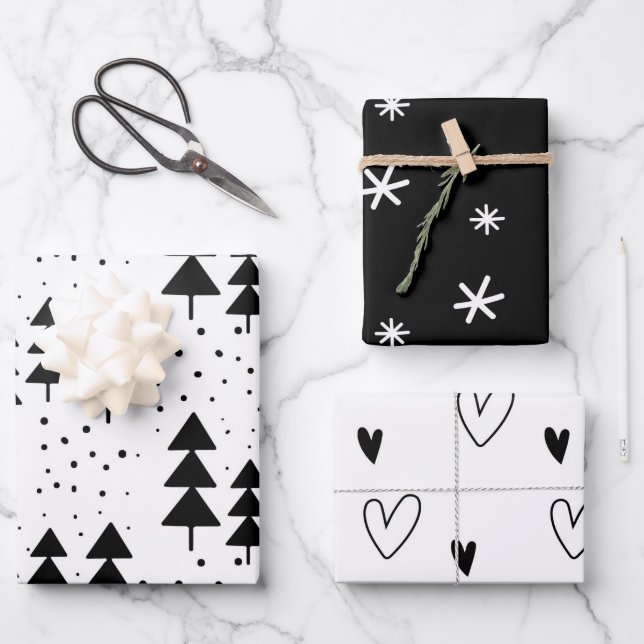 Feuille De Papier Cadeau Arbres de Noël noirs et blancs Snowflakes Coeurs (Recto)