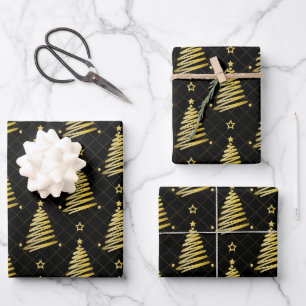 Feuille De Papier Cadeau Arbres de Noël Or Modernes en Noir
