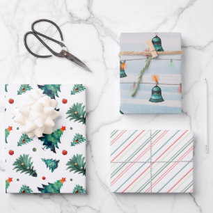 Feuille De Papier Cadeau Arbres de Noël, ornements et rayures