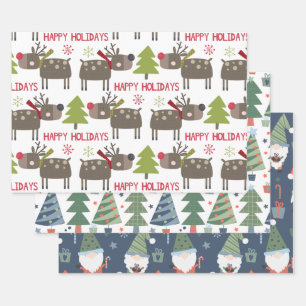 Feuille De Papier Cadeau Arbres de Noël Renne Elfes Rustique Mignon
