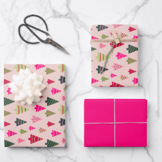 Feuille De Papier Cadeau Arbres de Noël roses et verts