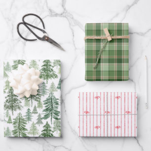 Feuille De Papier Cadeau Arbres de Noël rustiques Nœuds à carreaux et à ray