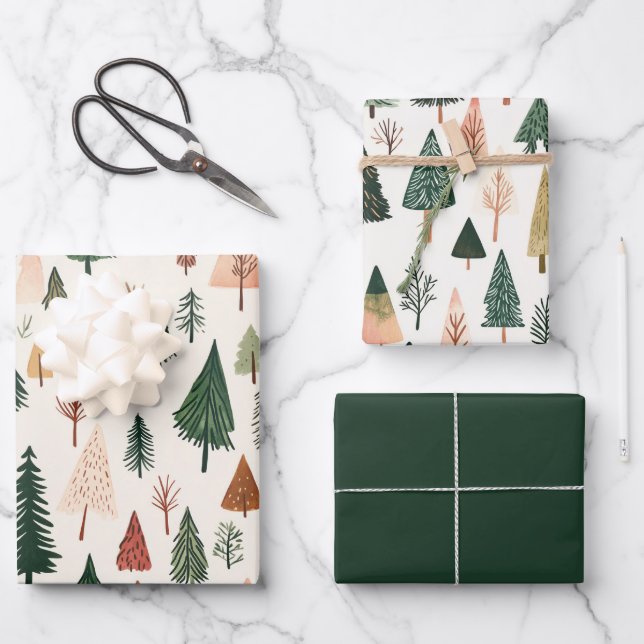 Feuille De Papier Cadeau Arbres de Noël vert rose (Recto)