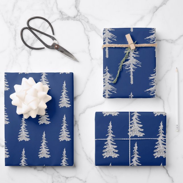Feuille De Papier Cadeau Arbres D'Épinette En Bois D'Argent Sur Bleu Marine (Recto)