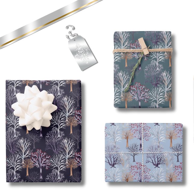 Feuille De Papier Cadeau Arbres d'hiver Motif d'aquarelle botanique moderne (Winter Trees Modern Botanical Watercolor Wrapping Paper Sheets)