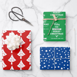Feuille De Papier Cadeau Arbres, flocons de neige et voeux tricolore Noël