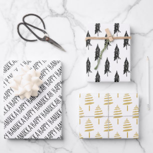 Feuille De Papier Cadeau Arbres Hanoukka modernes Black & Gold heureux