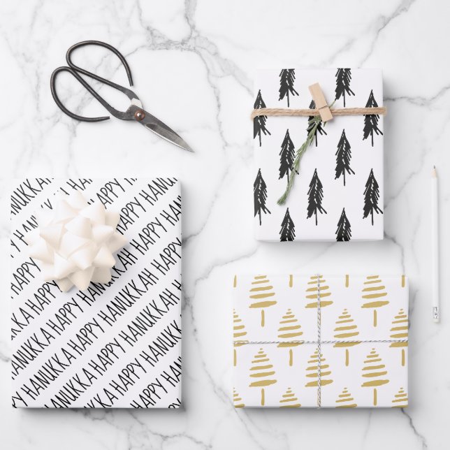 Feuille De Papier Cadeau Arbres Hanoukka modernes Black & Gold heureux (Recto)