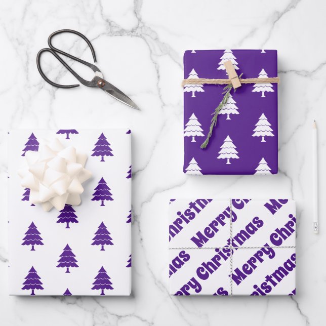 Feuille De Papier Cadeau Arbres mauves et blancs Joyeux Noël (Recto)