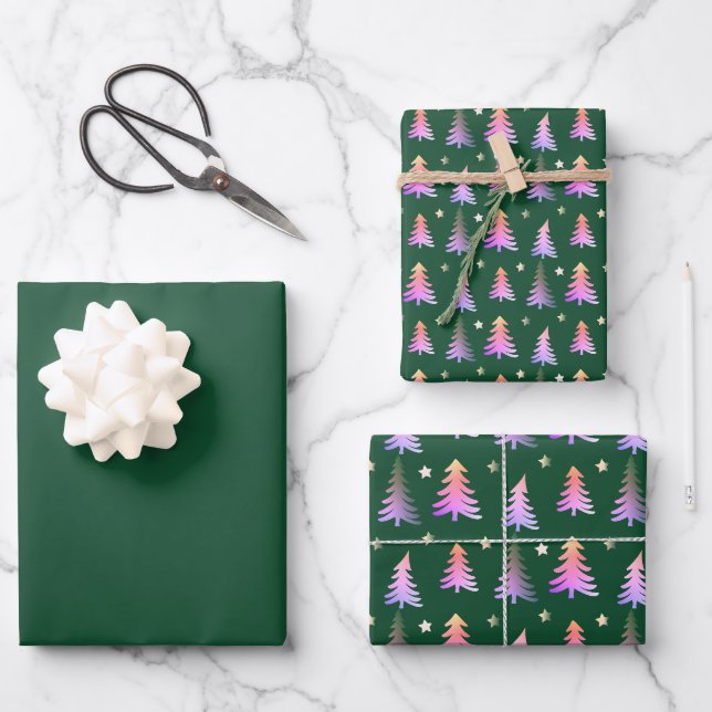 Feuille De Papier Cadeau Arbres roses délicats Joyeux vert de Noël (Recto)