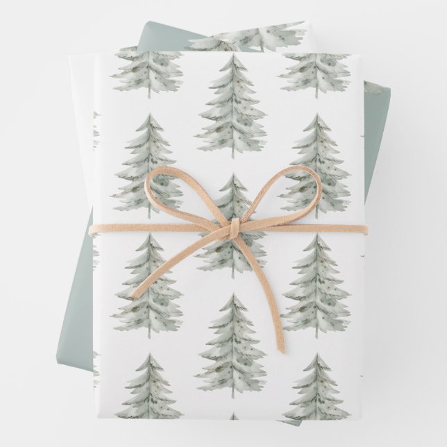 Feuille De Papier Cadeau Arbres verts blancs de Noël (En situation)