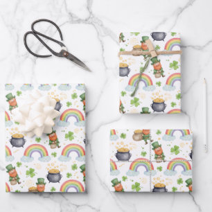 Feuille De Papier Cadeau Arcs-en-ciel Trèfles Lutins Saint-Patrick 
