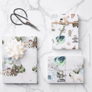 Feuille De Papier Cadeau Arctic Adventure Northern Lights Forest