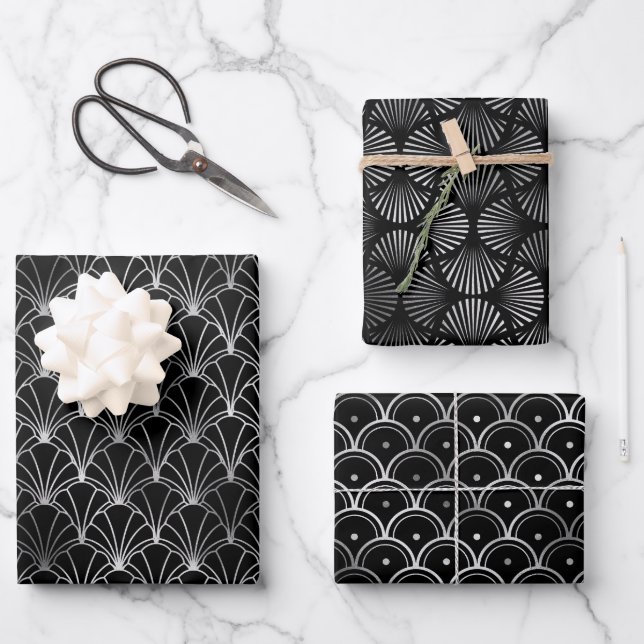 Feuille De Papier Cadeau Argent et Cercles noirs Motif Art déco (Recto)