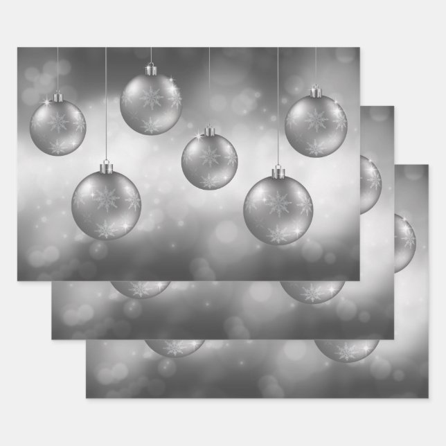 Feuille De Papier Cadeau Argent Gris Baubles De Noël Sur Grey Bokeh (Lot)