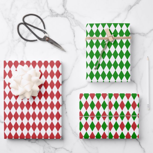 Feuille De Papier Cadeau Arlequin rouge, vert et blanc (Recto)