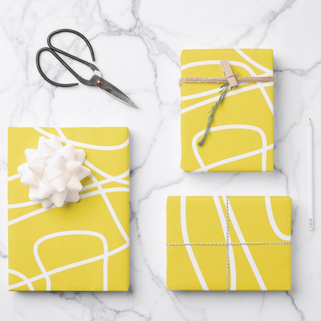 Feuille De Papier Cadeau Art Abstrait de ligne moderne en jaune mou (Recto)