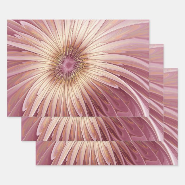 Feuille De Papier Cadeau Art Abstrait Fractal Fleur & Tons de Bourgogne (Lot)