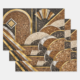 Feuille De Papier Cadeau Art Déco Abstrait Brun, Formes Beige Noir