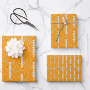Feuille De Papier Cadeau Art Déco Motif 03 - Off-White sur Vivid Gamboge