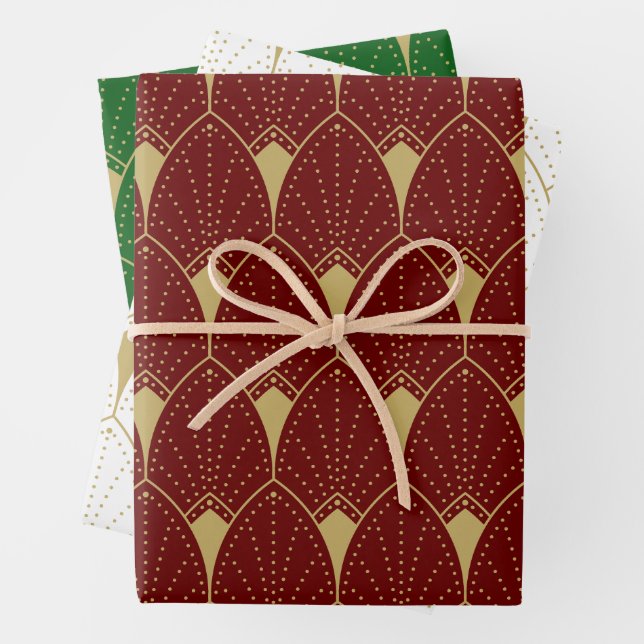 Feuille De Papier Cadeau Art Déco Or Motif sans coutures et vert (En situation)